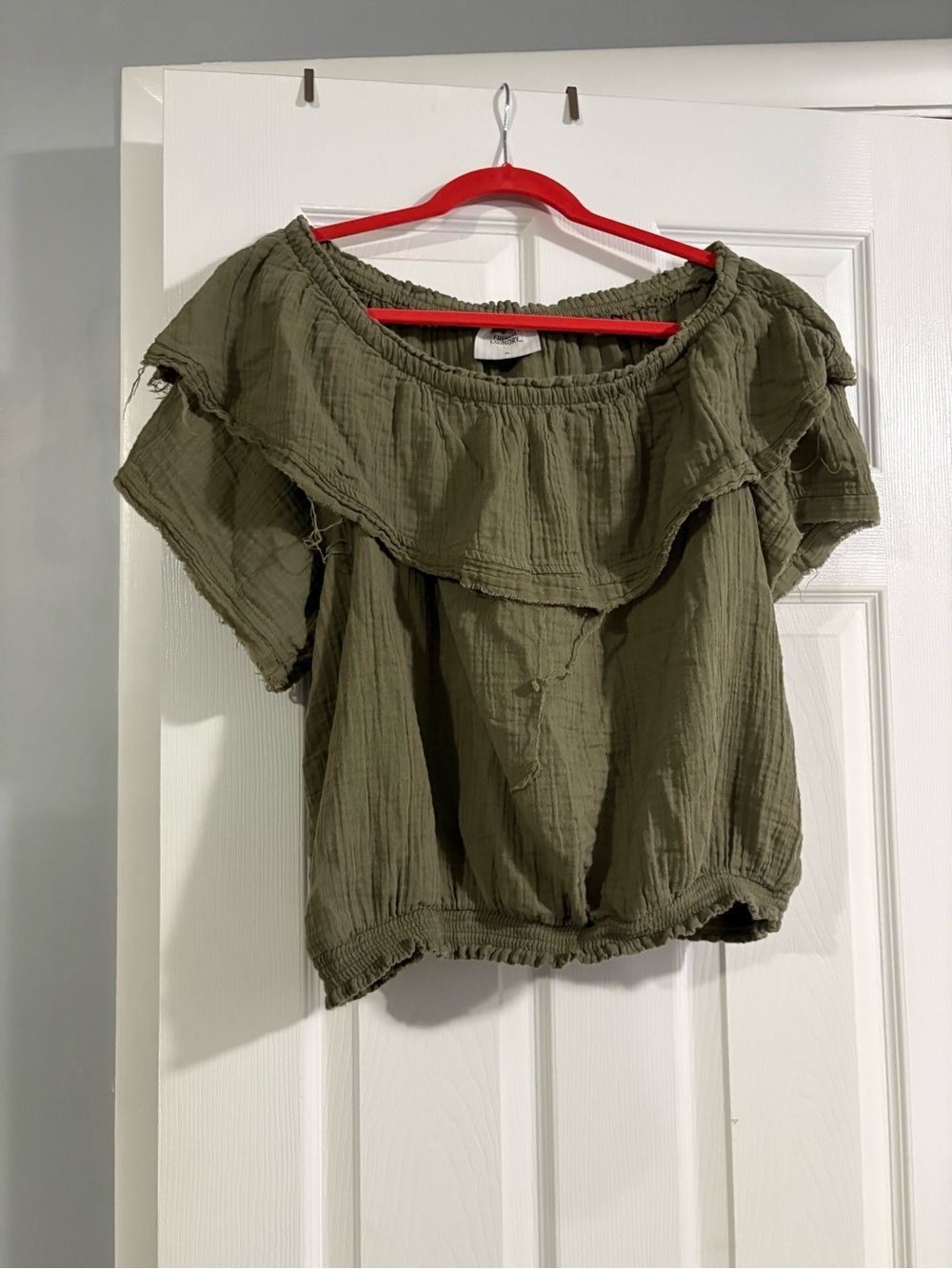 French Laundry Olive Green Off-Shoulder Ruffle Crop Top